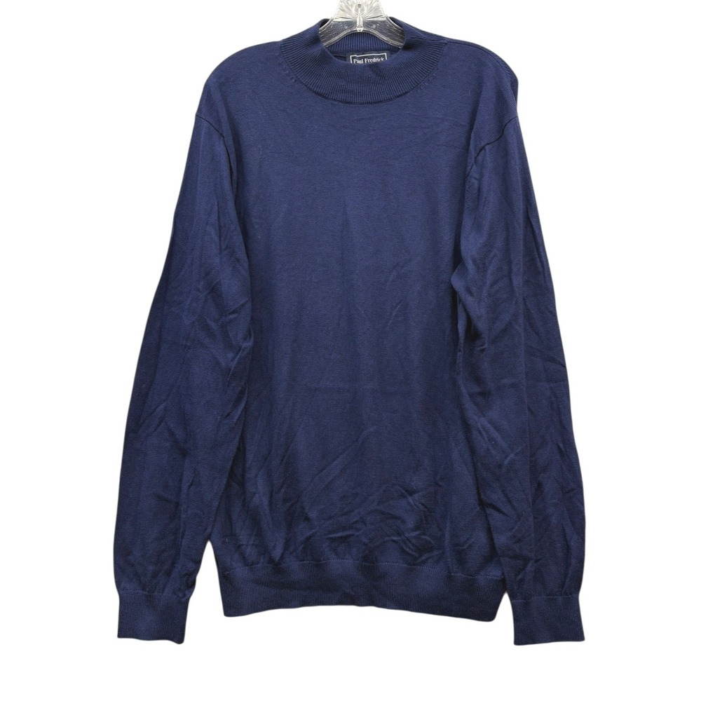 Paul Fredrick Mock Neck Sweater Navy Silk Cotton Cashmere Knit Pullover XLT‎